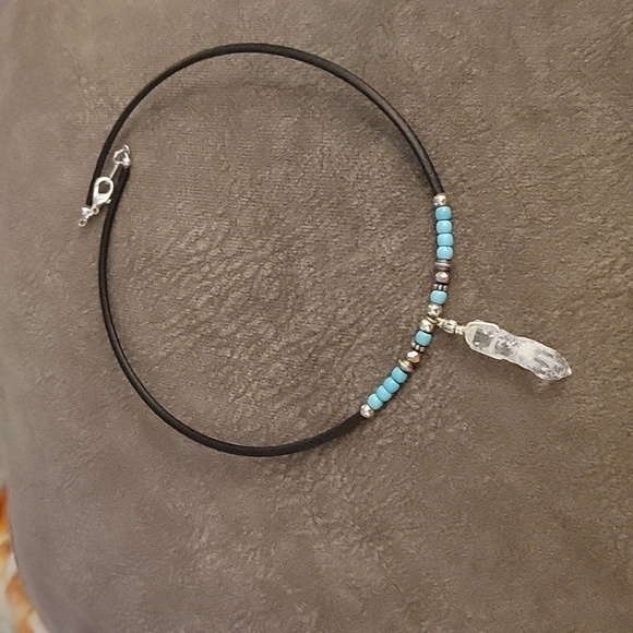 Vtg Western Boho Quartz Pendant Beaded Rope Choker Unisex Necklace - Picture 2 of 5